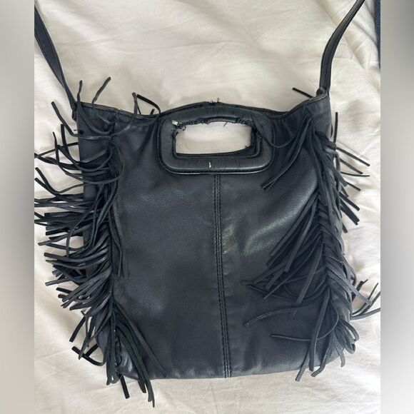 Maje Black Leather Shoulder Bag with Fringe - Picture 3 of 3
